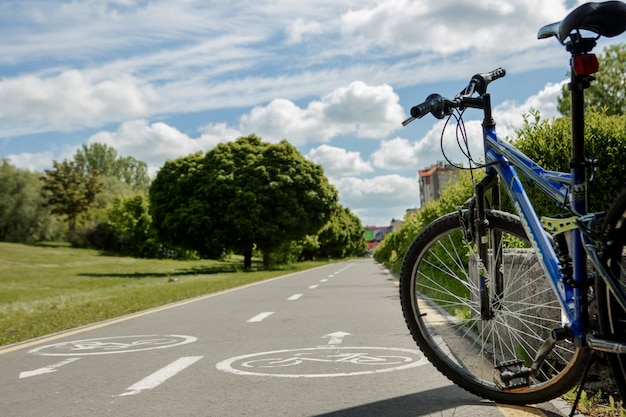 Soportes de bicicleta de montaña en el parque en carril bici