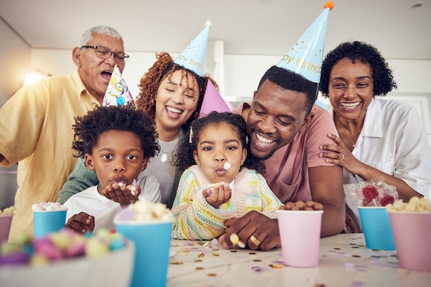 Sopro de festa de aniversário e confete com a família na cozinha para comemoração de união e carinho feliz animado e avós com pais e filhos em casa para diversão surpresa ou evento