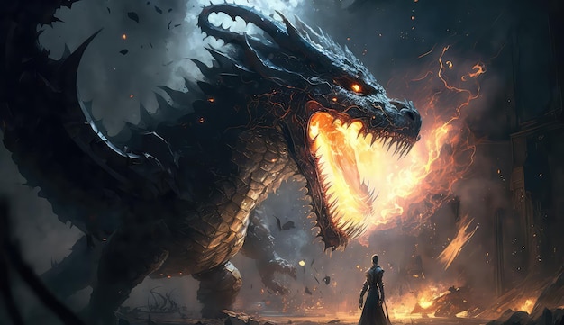Sopros de fogo explodem de um dragão gigante em uma noite negra Generative Ai