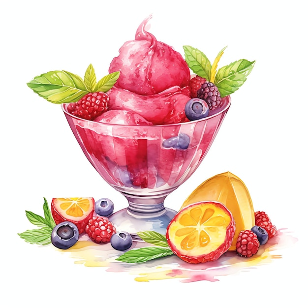 Sorbet de frutas en un hermoso plato de postre sabroso Ilustración de clipart