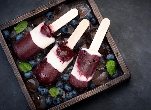 Sorbete de helado casero con arándanos en caja de montaje