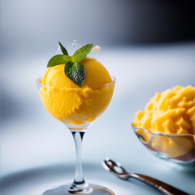 Sorbete de mango servido en un vaso para sorber Fotografía de comida gourmet con estrella Michelin de Ai generada