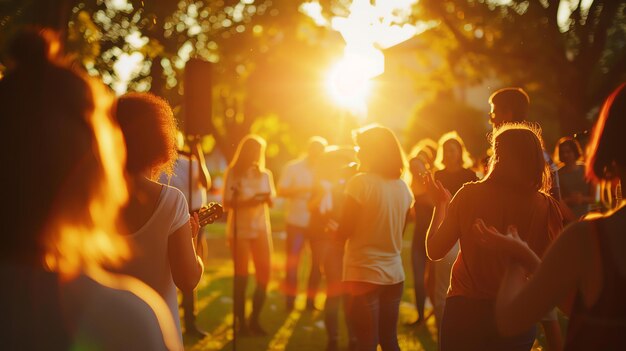 Foto sorglose freunde, die sich auf einem sommermusikfestival amüsieren