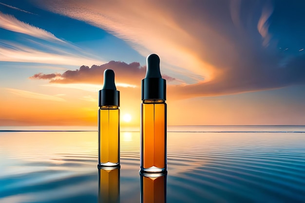 Foto soro de peptídeos de colágeno em garrafas de vidro no fundo do pôr do sol da água do oceano essencial para beleza