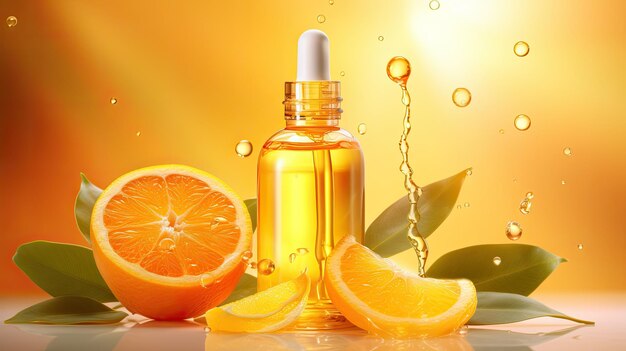 Soro de vitamina C em frasco com fatia de laranja suculenta e fresca Maquete de marca do produto