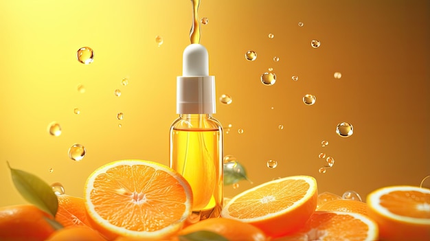 Soro de vitamina C em frasco com fatia de laranja suculenta e fresca Maquete de marca do produto