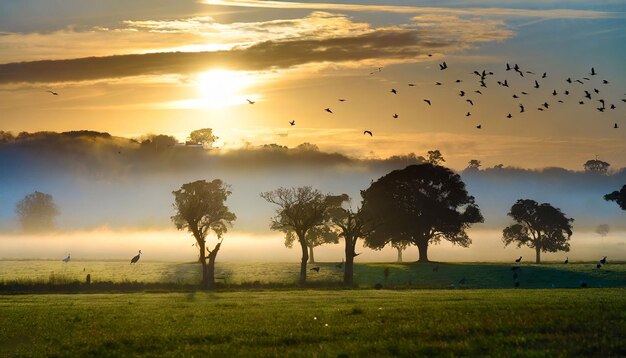 Foto sorprendente amanecer con siluetas de árboles y hierba verde