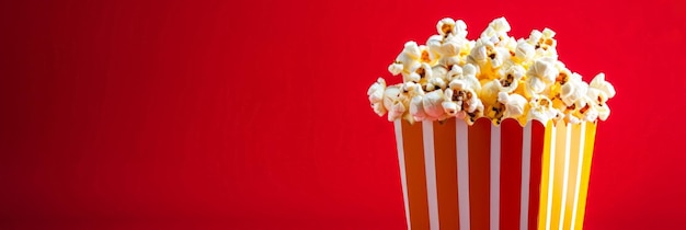 Sorprendente caja de palomitas de maíz rojas y blancas contra un fondo rojo audaz un icono clásico para la película