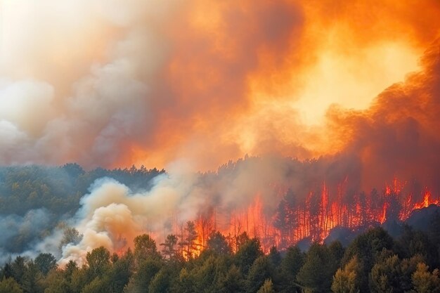 Sorprendente calamidad ecológica representada por un extenso y furioso incendio forestal IA generativa