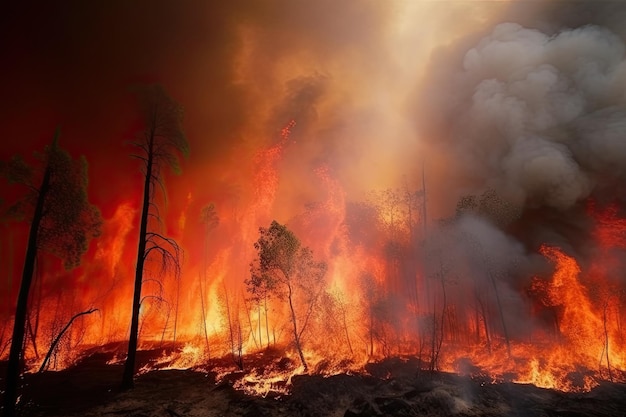 Sorprendente calamidad ecológica representada por un extenso y furioso incendio forestal IA generativa