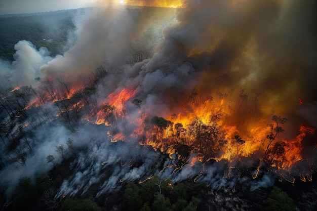 Sorprendente calamidad ecológica representada por un extenso y furioso incendio forestal IA generativa