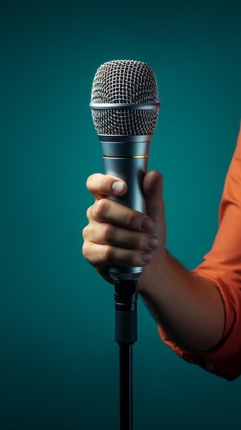 En un sorprendente contraste, una mano masculina agarra un micrófono en un fondo de pantalla móvil vertical azul.