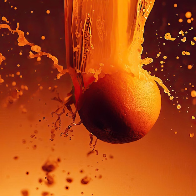 Sorprendente jugo de naranja con salpicaduras de agua y gotas ai generativo aislado