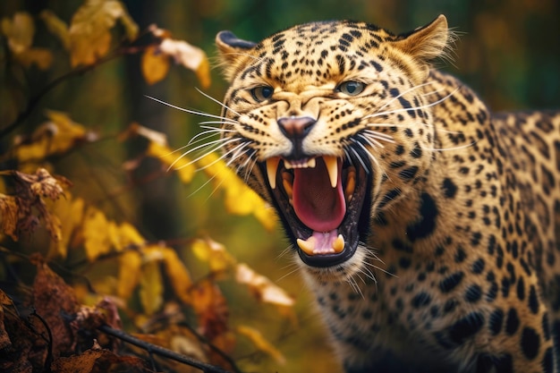 Un sorprendente retrato de un leopardo rugiente en el corazón de un parque africano que muestra la intensa belleza y el peligro que definen a este depredador felino