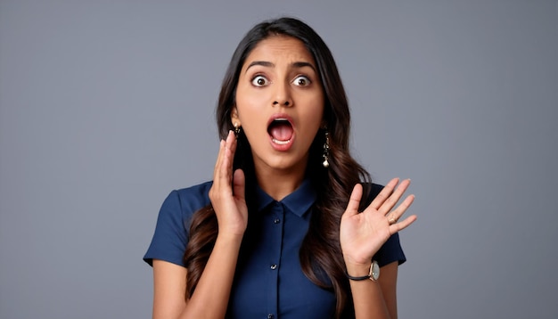 Sorprendida estudiante asiática india mirando a la cámara cubriendo la boca abierta con la mano aislada en gris