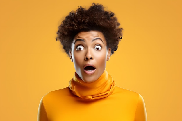 Sorprendida joven adulta mujer afroamericana cabeza y hombros retrato en fondo amarillo neural