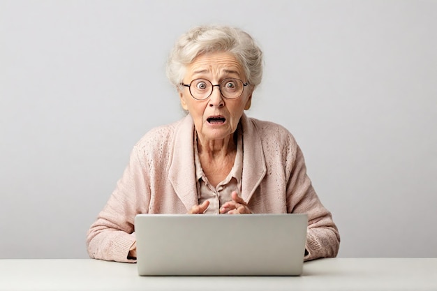 Sorprendida mujer mayor sentada en la mesa y usando una computadora portátil.