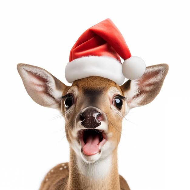 Foto sorprendido lindo ciervo de navidad con sombrero rojo con boca abierta sobre un fondo blanco
