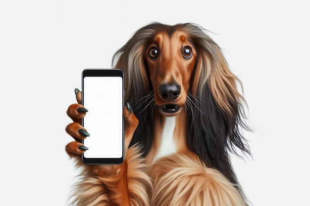 Sorprendido perro sabueso afgano sostiene pantalla de maqueta blanca de teléfono inteligente sobre un fondo blanco