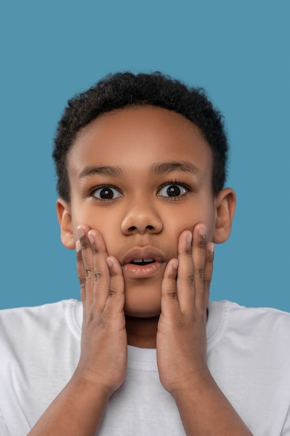 Sorpresa, conmoción. Conmocionado niño negro en edad escolar primaria tocándose las mejillas con las palmas en la foto de estudio