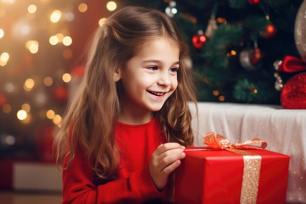 Sorpresa festiva para una chica feliz con un regalo de Navidad