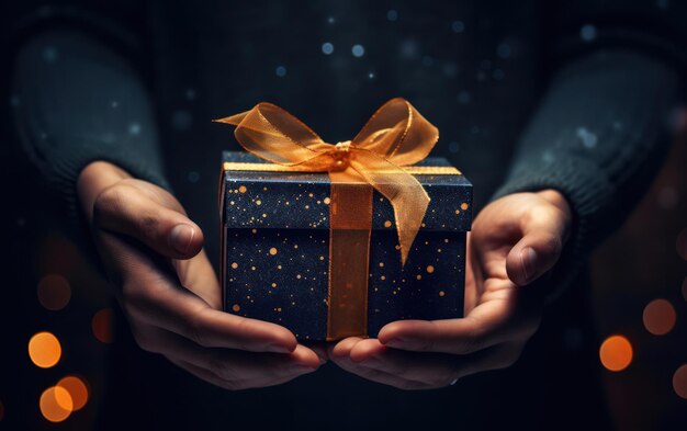 Foto sorpresa festiva mujer feliz sosteniendo una hermosa caja de regalos roja con regalos de cinta y decoraciones en el fondo