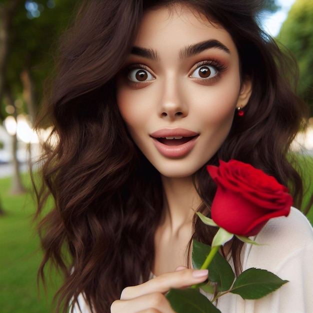Foto sorpresa hermosa chica a la que se le dio una rosa