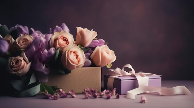 Sorpresa romántica ramo de flores y caja de regalo decorada en paleta lila pastel IA generativa