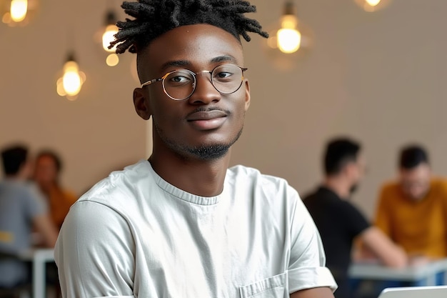 Sorri jovem estudante afro com óculos na universidade