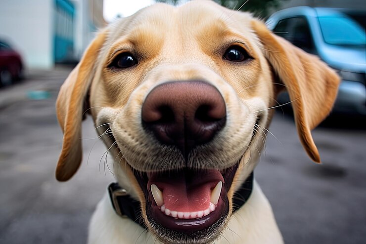 Foto sorria como um labrador, um encontro próximo com um cãozinho hilário e feliz