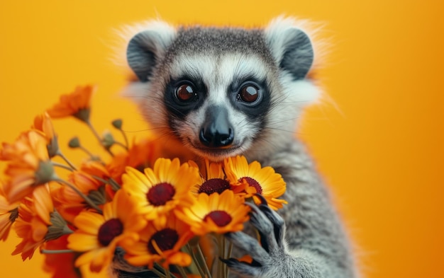 sorridente animal real segura em suas patas um buquê de flores em um brilhante