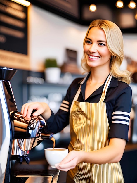 sorridente barista feminina no avental com máquina de café no café