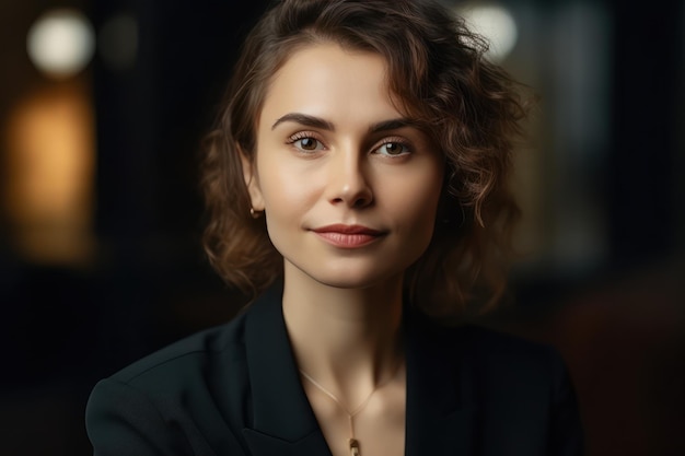 Sorridente bela mulher gerente profissional de pé com os braços cruzados olhando para a câmera feliz confiante mulher de negócios líder corporativo chefe CEO posando no escritório headshot retrato em close-up