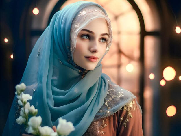 Sorridente bela mulher muçulmana em hijab com flores Eid Mubarak conceito de Ramadã