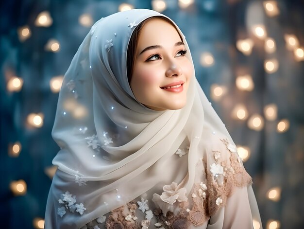 Sorridente bela mulher muçulmana em hijab com flores Eid Mubarak conceito de Ramadã