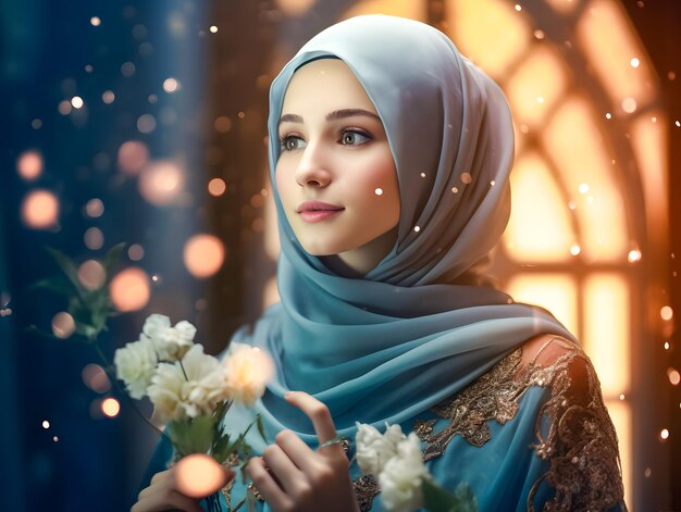 Sorridente bela mulher muçulmana em hijab com flores Eid Mubarak conceito de Ramadã