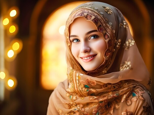 Sorridente bela mulher muçulmana em hijab com luzes bokeh eid mubarak conceito de Ramadã