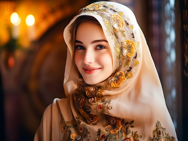 Sorridente bela mulher muçulmana em hijab com luzes bokeh eid mubarak conceito de Ramadã