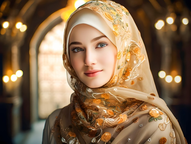 Sorridente bela mulher muçulmana em hijab com luzes bokeh eid mubarak conceito de Ramadã