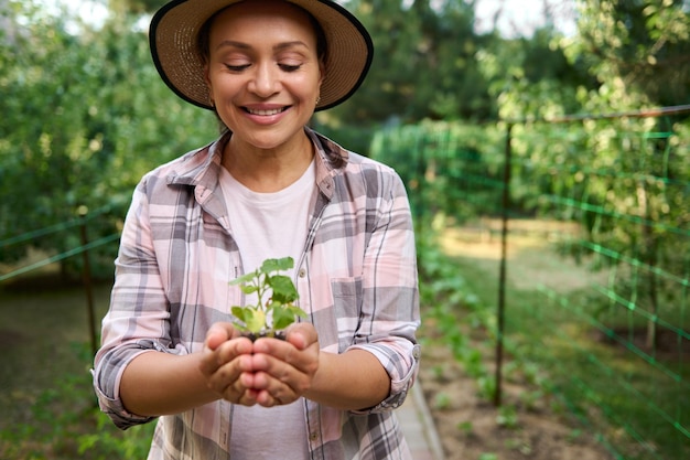 Sorridente e agradável jardineira agrônoma segura mudas em suas mãos antes de plantar em um campo aberto fertilizado