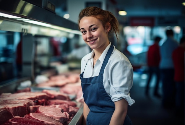 Foto sorridente jovem açougueiro em pé no balcão de carne