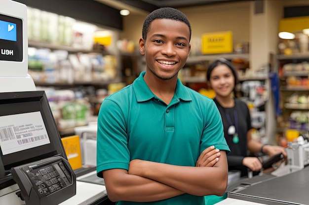 Sorridente jovem e atraente vendedor afro-americano na loja caixa servindo clientes ia generativa