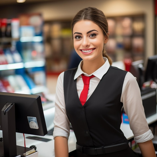 Foto sorridente jovem e atraente vendedora caixa servindo clientes ia gerativa