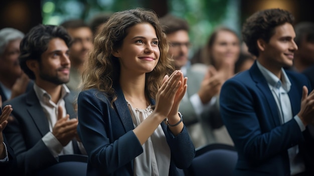 Sorridente jovem empresária aplaude com colegas na conferência financeira