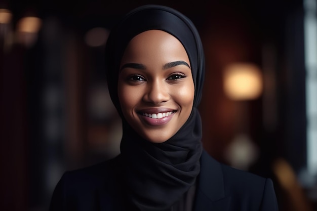 Sorridente jovem empresária negra vestindo um hijab