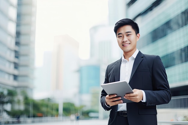 Sorridente jovem empresário asiático líder empresário gerente profissional segurando computador tablet digital usando aplicativos de software em pé na rua na cidade grande no fundo do céu