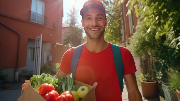 Sorridente jovem entregador de uniforme vermelho com pacote artesanal de legumes frescos Entrega em domicílio de serviço de correio IA generativa