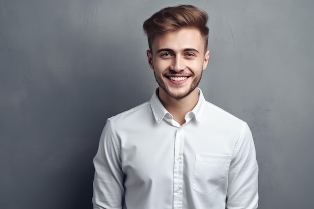 Sorridente jovem homem de negócios com a barba por fazer em camisa clara posando isolado na parede cinza fundo estúdio retrato realização carreira riqueza conceito de negócios simulado cópia espaço segurar laptop pc computador