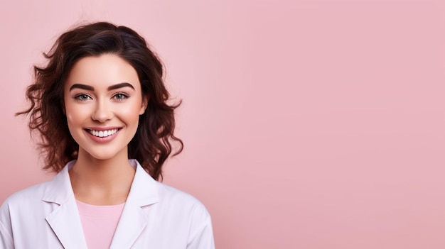 sorridente jovem médica vestindo roupão médico e suporte de estetoscópio com fundo rosa