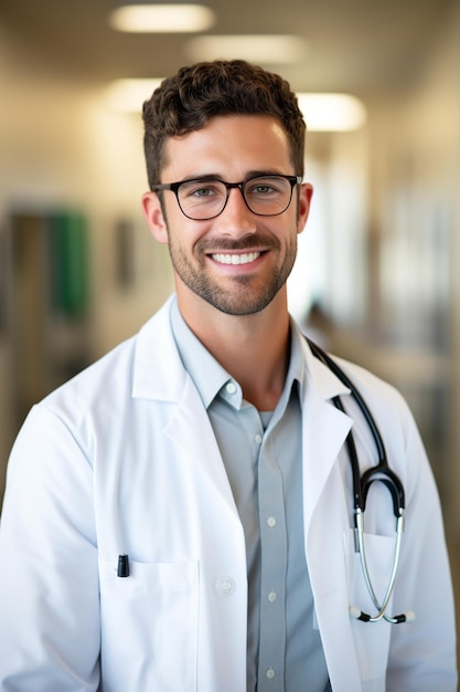Sorridente jovem médico caucasiano em ambiente clínico